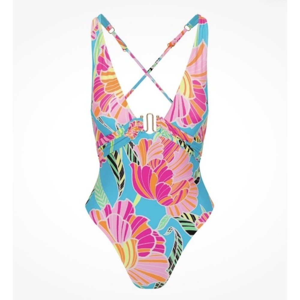 Trina Turk Poppy Belted Plunge One Piece Swimsuit Women's 12 NWT Tropical Beachy - Picture 2 of 15